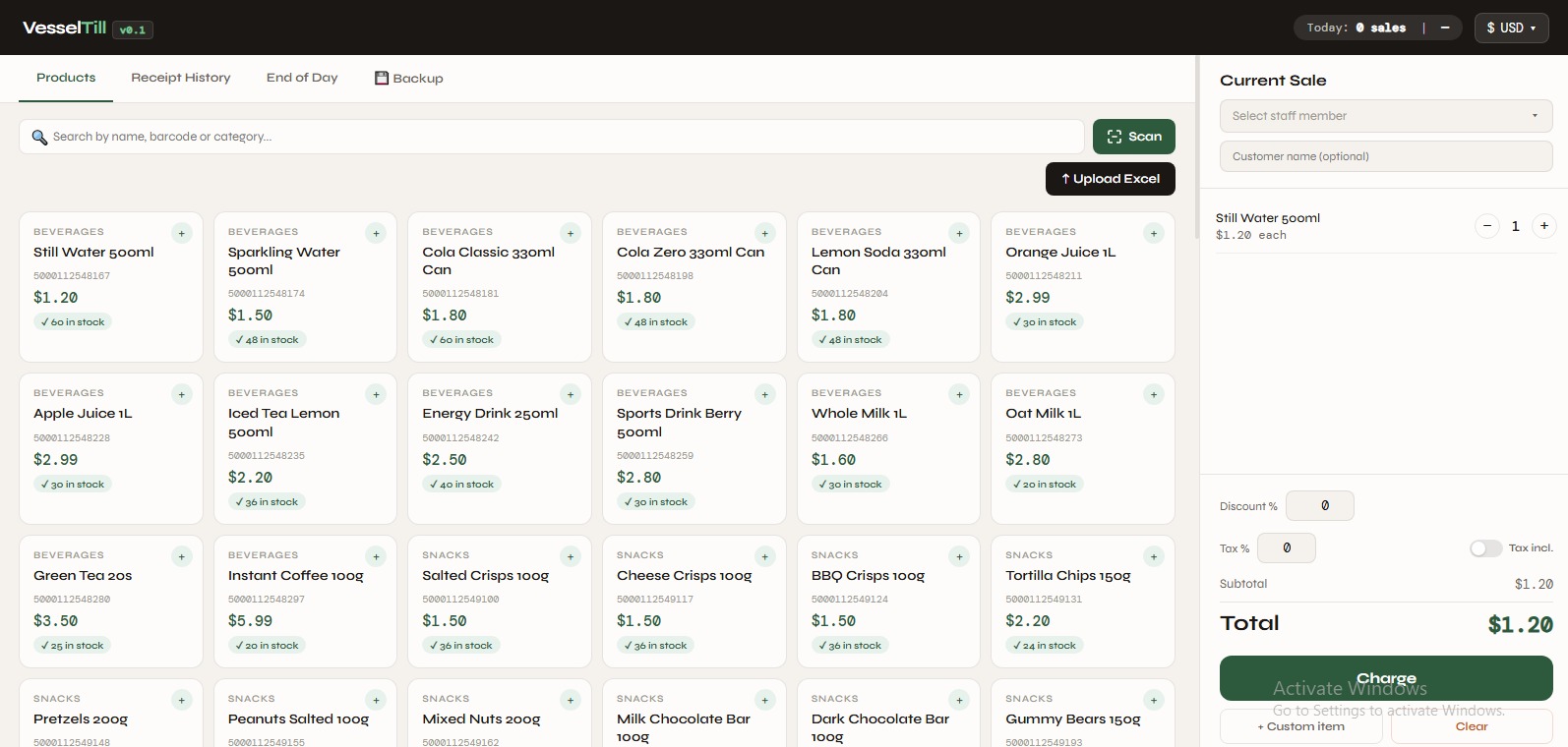 VesselTill app interface showing product grid and cart